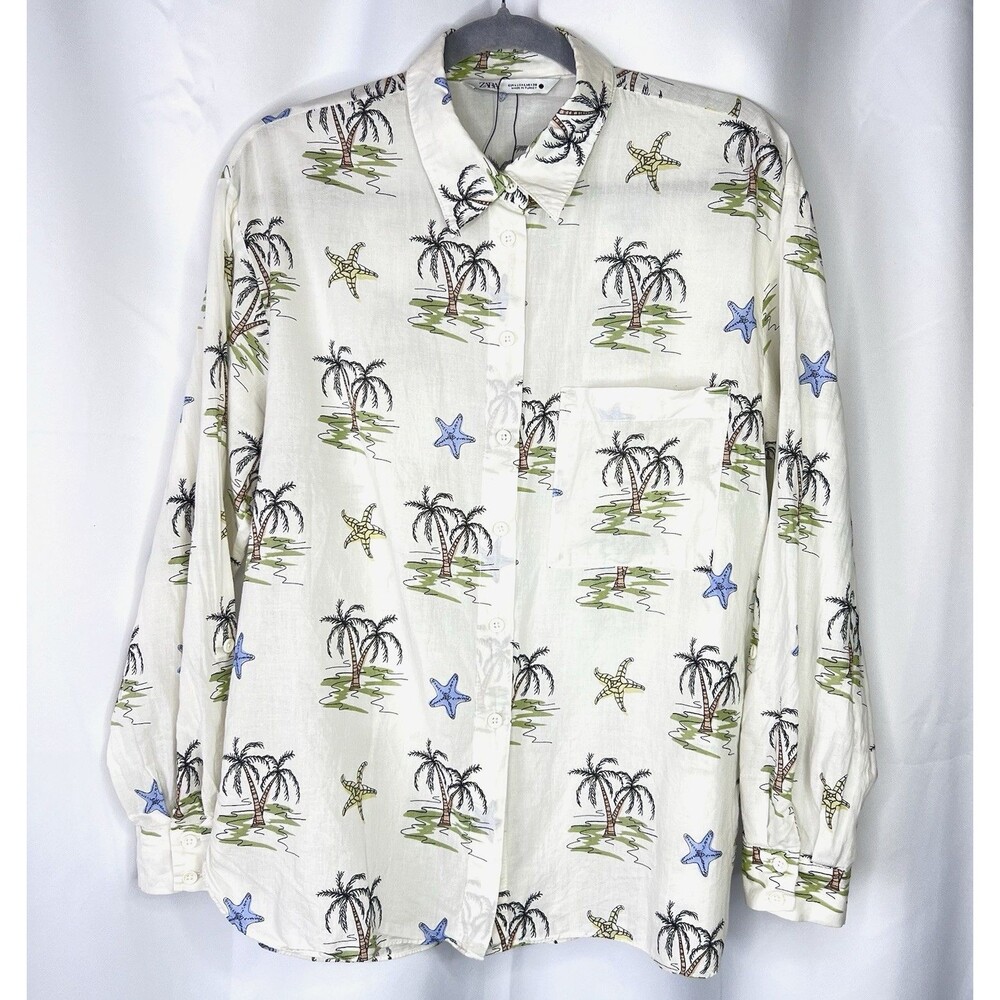 NWOT Zara Women's Lightweight Palm Tree Island Roll Sleeve Shirt Large Cream